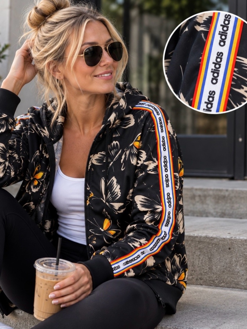 Adidas x FARM Rio Butterfly Track Jacket XL Hooded Logo Tape Black Floral